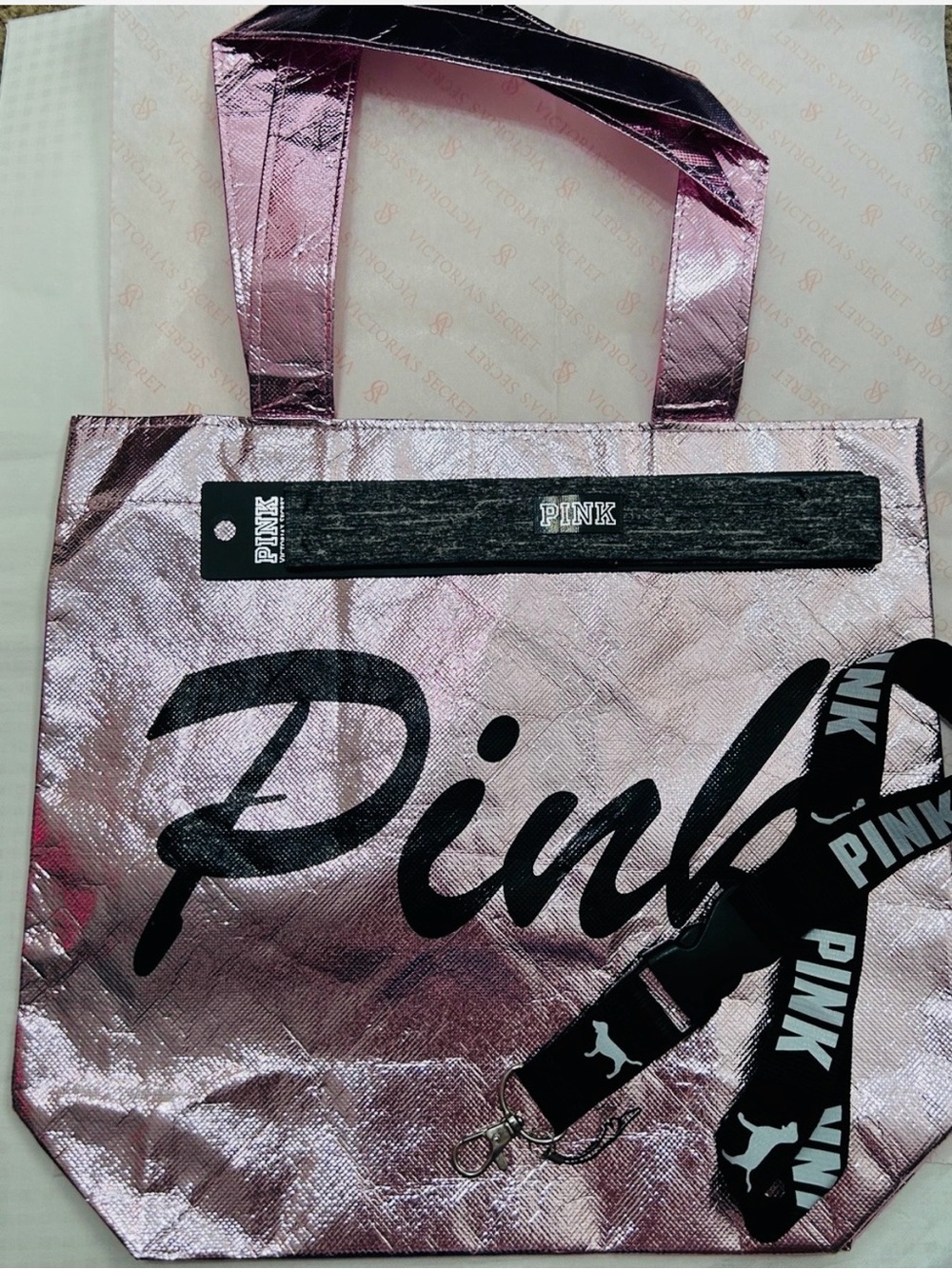 PINK Victoria's Secret Metallic Pink Tote Bag , Headband & Lanyard